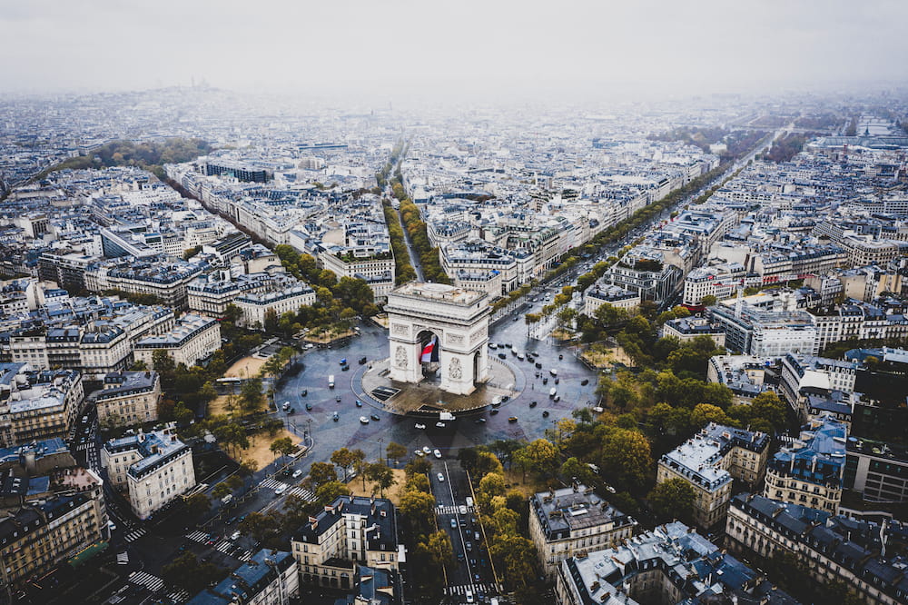 Aerial view of the Champs-Élysées and Arc de Triomphe